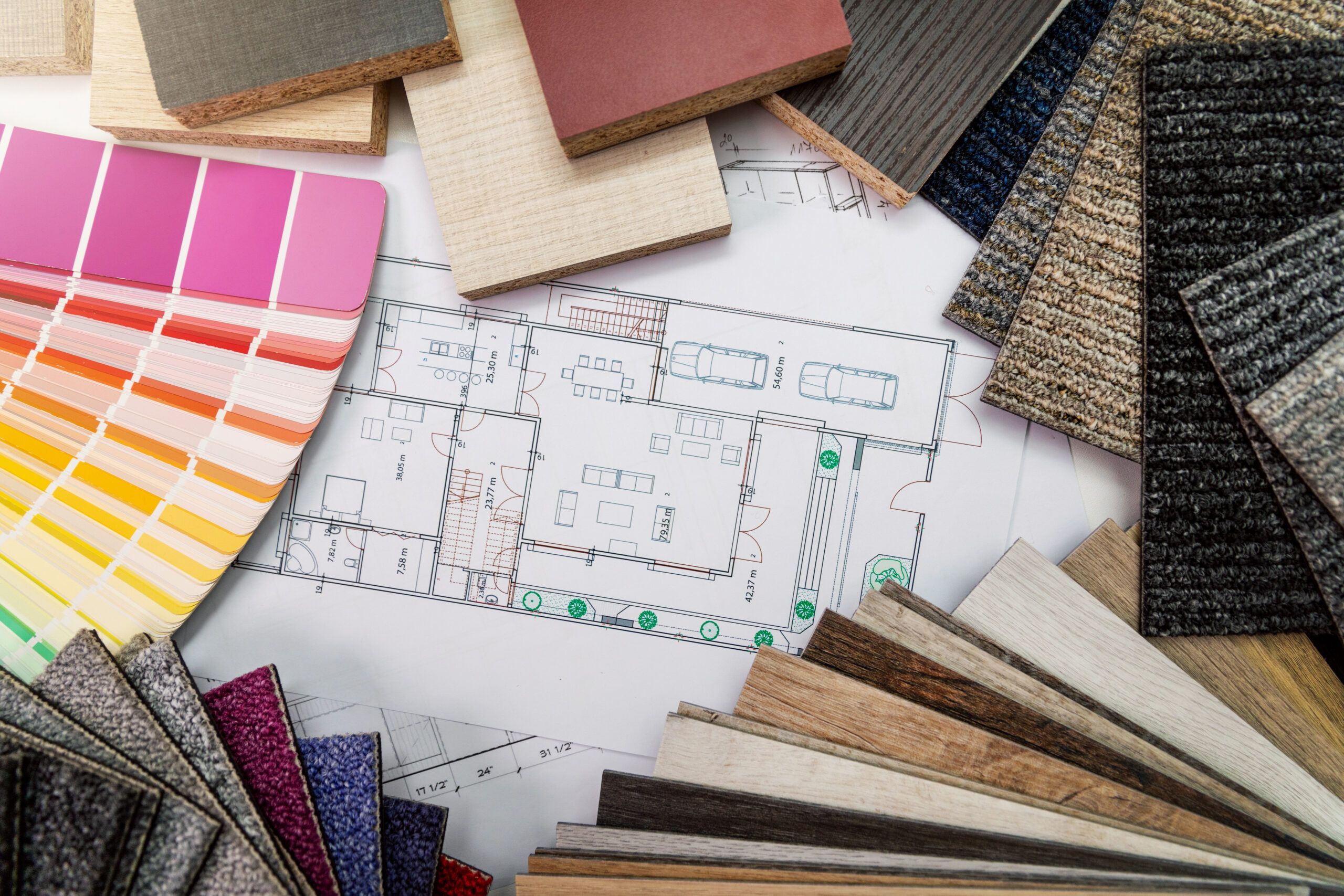 Paint color swatches and flooring and carpet samples laid over a home floor plan